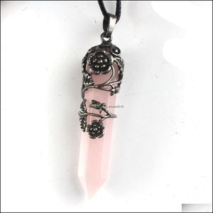 Hanger kettingen natuurlijke genezing steen kristal pendum ketting roze roze roos kwarts zeshoek prisma bladbloem voor geschenk sieraden drop del dhjgz