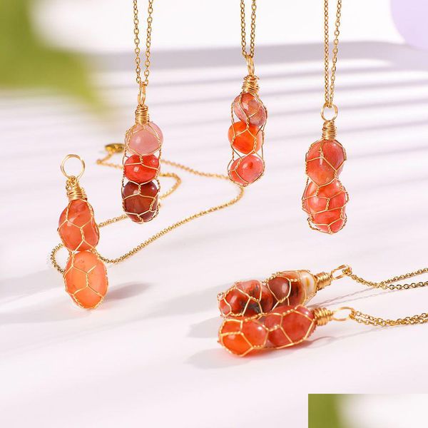 Pendentif Colliers Naturel Irregar Rouge Agate Chip Pierre Perles Or Enroulement Net Collier Pour Femmes Hommes Drop Delivery Bijoux Pendentifs Dhwh2