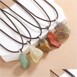 Pendentif Colliers Naturel Irregar Pierre De Fluorite Brute Guérison Cristal Gemme Brun Corde Chaîne Collier Femmes Bijoux Goutte Dhgarden Dhxbc