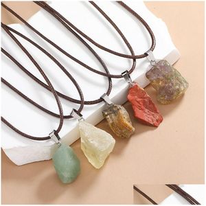 Pendentif Colliers Naturel Irregar Rugueux Fluorite Pierre Guérison Cristal Gemme Brun Corde Chaîne Collier Femmes Bijoux Drop Dhgarden DHc5P