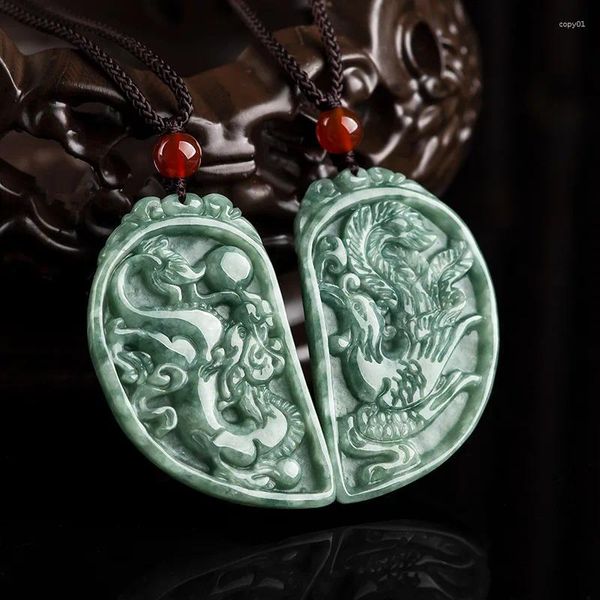 Pendentif Colliers Dragon de Jade naturel et Phoenix avec belle chaîne de corde collier pour homme femmes Fengshui géomantique amulette Talisman