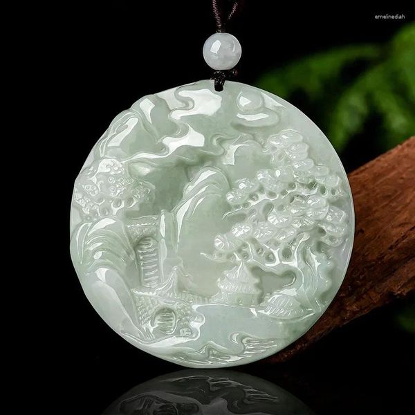 Pendentif Colliers Naturel Jade Paysage Peinture pour homme et femme Fengshui Amulette géomantique Talisman symbolisant le bonheur de la liberté