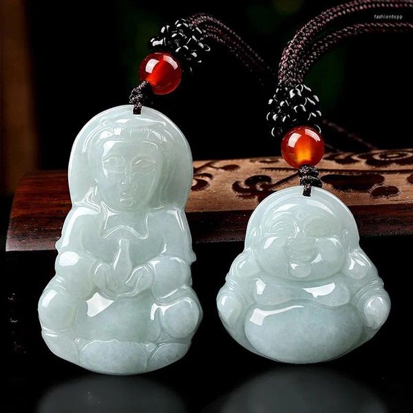 Collares colgantes Jade natural con hermoso collar de cadena de cuerda para hombre y mujer Fengshui Geomántico Amuleto Guanyin Buda Talismán