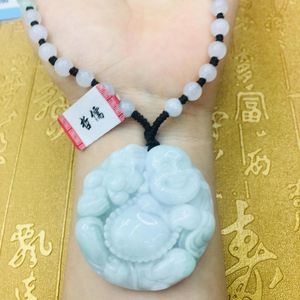 Pendentif Colliers Naturel Jadest Sculpté Grand Bouddha Heureux Rond Avec Collier De Perles Tricolores Chaîne Pour Dames