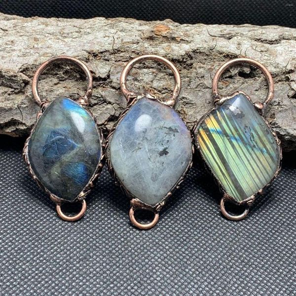 Pendentif Colliers Labradorite Naturelle Double Anneau Bronze Forme Libre Pierre Antique Cuivre Connecteur Vintage Charmes Pour Collier DIY Making