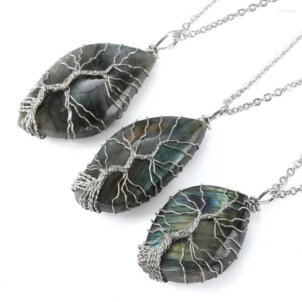 Pendentif Colliers Naturel Labradorite Tissé à la main Arbre de vie Fil de cuivre blanc Emballage Pierre irrégulière Collier créatif Bijoux