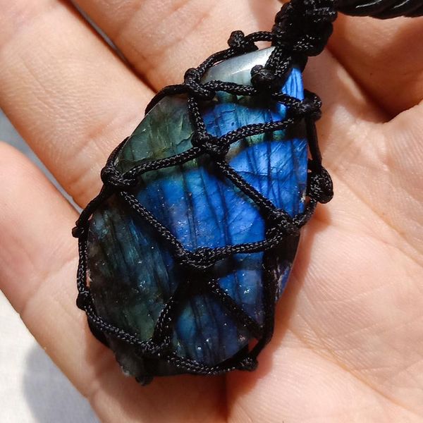 Pendentif Colliers Collier Labradorite Naturel Pierre De Lune Cristaux De Guérison Poli Pierres De Palmier Traitement Pierre Brute Chandail Chaîne BijouxPend