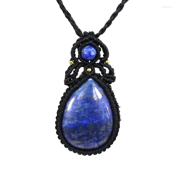 Pendentif Colliers Naturel Lapis Lazuli Pierre Gemme Goutte D'eau Corde Noire Enveloppée Tressée Macramé Chaîne Réglable Collier Femmes Hommes Bijoux