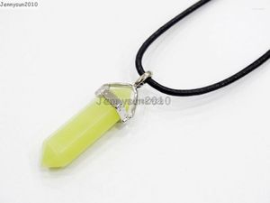 Collares pendientes Natural Lemon Ja-de Gems Stones Hexagonal Pointed Healing Reiki Chakra Collar de cordón de cuero negro 18''lnch 5