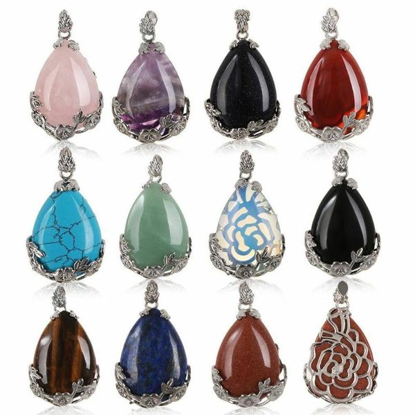 Pendentif Colliers Naturel Multicolor Quartz Cristal Pierre Teardrop Incrusté Fleur Guérison Collier De Pierres Précieuses Goutte D'eau DIY Artisanat