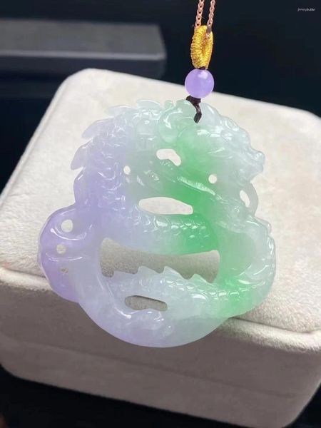 Pendentif Colliers Naturel Myanmar Couleur Rare Jade Creux Sculpté À La Main Dragon Jadeite Bijoux Unisexe Accessoires Cadeau