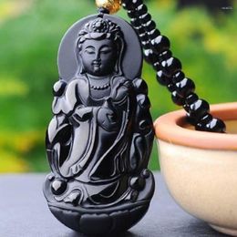 Pendentif Colliers Naturel Obsidienne Guanyin Collier Hommes Femmes Bouddhiste Amulette Avalokitesvara Statue Feng Shui Charme Chandail Chaîne