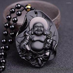 Pendentif Colliers Obsidienne Naturelle Bijoux Sculpté À La Main Serrure Maitreya Heureux Bouddha Collier Chanceux Pour Femmes / Hommes