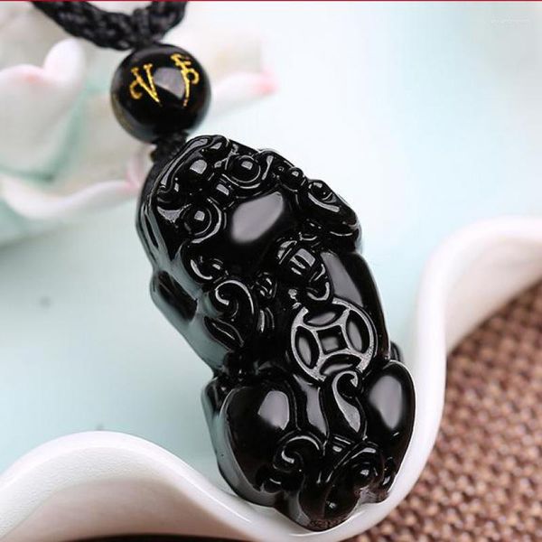 Collares pendientes Obsidiana natural Pixiu Collar Fengshui Encanto Hombres Mujeres Joyería fina Piedra de cristal genuino