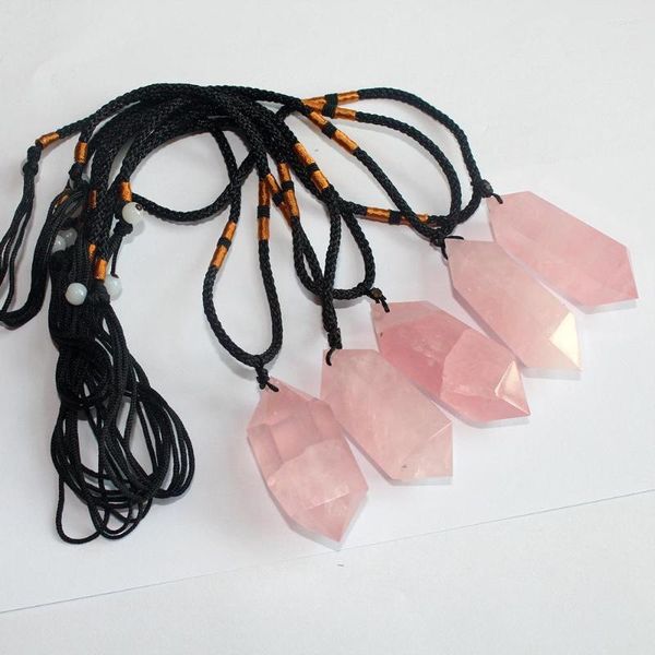 Collares pendientes Cuarzo rosa natural Puntos dobles Columna de joyería de piedra de cristal Collar de prisma hexagonal de doble punta