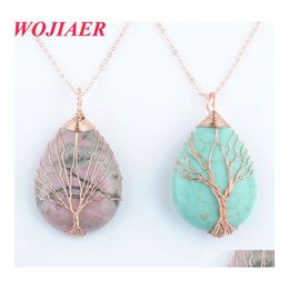 Collares pendientes Piedra de ópalo de cuarzo natural Oro rosa Árbol de la vida hecho a mano Collar de gota envuelto Cristal en forma de Reiki Bo901 Entregar Dh86U