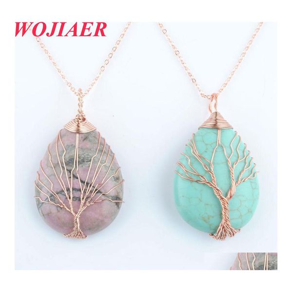 Colliers pendants Quartz Natural Stone Rose Gold Gold Fabriqu￩ ￠ la main arbre de vie en forme de collier en forme de cristal Reiki Bo901 d￩livre Dh86u