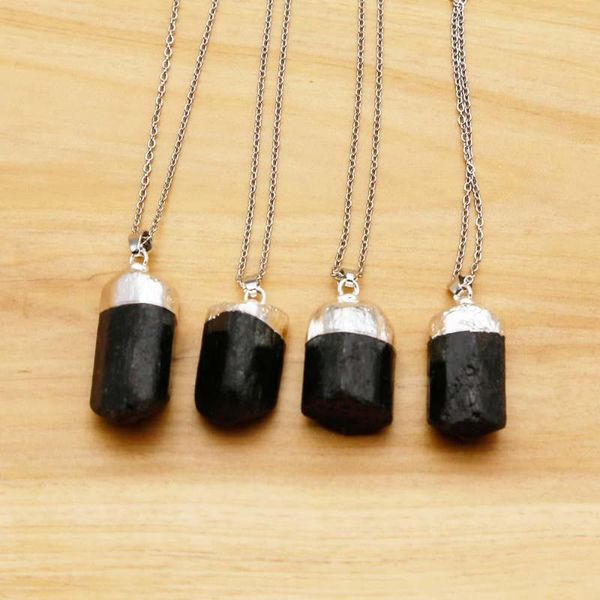 Pendentif Colliers Pierre Brute Naturelle Tourmaline Noire Plaqué Argent Collier Irrégulier Chaîne En Acier Inoxydable DIY Charme Bijoux De Guérison 1 Pcs