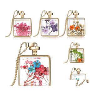 Hanger kettingen natuurlijke echte gedroogde bloemen originele vierkante glazen fles goud statement kralen kettingen voor vrouwen mode diy sieraden otg6b