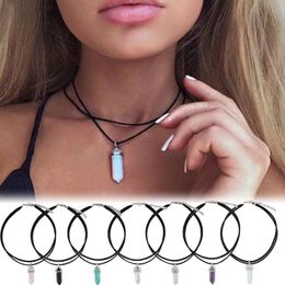 Pendentif Colliers Naturel Reiki Chakra Collier Cristal Hexagonal Pierres Pointues Femmes Noir PU Cuir Collier Déclaration CollierPendant