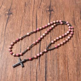Pendentif Colliers Naturel Rhodonite Mala Perles Croix Catholique Christ Rosaire Collier Hématite Pour Femmes Hommes