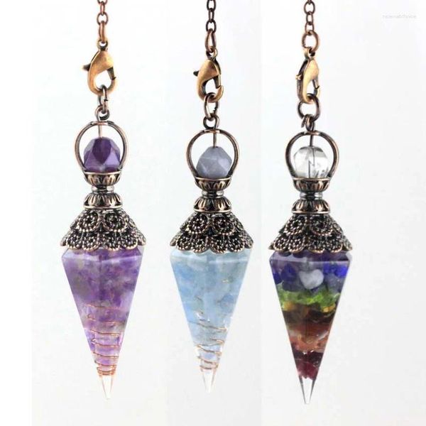 Pendentif Colliers Naturel Rock Cristal Gravier Résine Mélangée Six Faces Rhombus Cône Pendule Collier 7 Chakra Reiki Minéral Quartz Bijoux