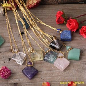 Pendentif Colliers Naturel Rose Rose Améthystes Quartz Losange Bouteille De Parfum Collier Or Cristal Pierre Huile Essentielle Flacon Charmes Bijoux