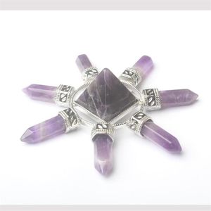 Colliers pendants Amethystes de cristal clair rose rose naturel 7 Chakra Prismagon Prism Magic Wand Energy Tower Reiki Pendulum H227a