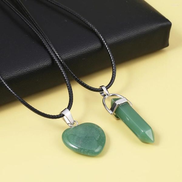 Pendentif Colliers Naturel Rose Quartz Collier Costume Coeur Forme Vert Aventurines Chaînes De Corde En Cuir Pour Bijoux