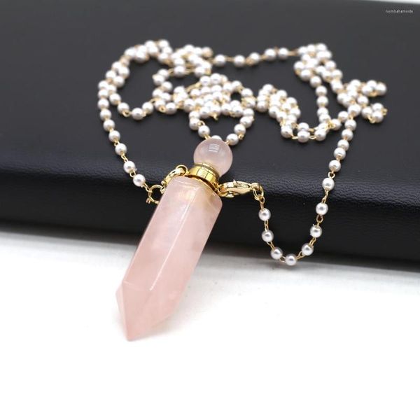 Pendentif Colliers Naturel Rose Quartz Pierre Huile Essentielle Diffuseur Charmes Perle Perles Chaîne Coeur Bouteille De Parfum Collier Femmes Bijoux