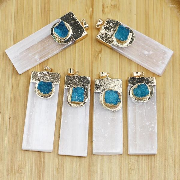 Collares pendientes Collar con colgantes de yeso de selenita natural, ágata azul lago, turmalina, roca, Mineral, Reiki, piedra energética curativa DIY