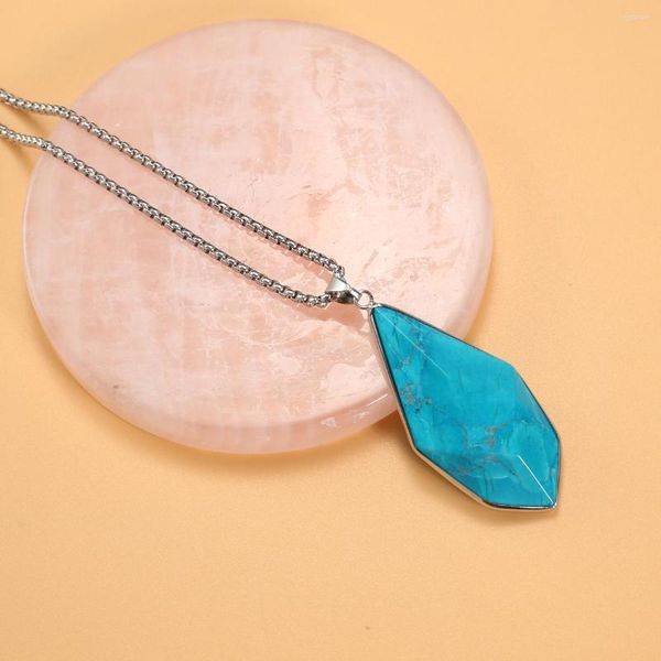 Pendentif Colliers Naturel Semi Précieux Bleu Turquoise Polygonale À Facettes Gem Collier Charme Bijoux Fête Pour Les Femmes 57x26mm