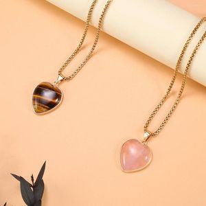 Pendentif Colliers Naturel Pierre Semi Précieuse En Forme De Coeur Oeil De Tigre Rose Quartz Collier Reiki Guérison Accessoires Saint Valentin