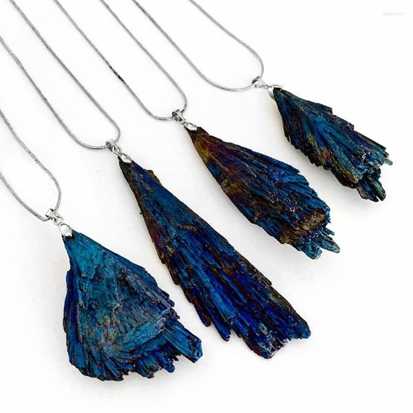 Pendentif Colliers Naturel Pierre Semi-précieuse Bleu Tourmaline Collier Irrégulier Kyanite Brut Quartz Plume Déclaration Bijoux Cadeau