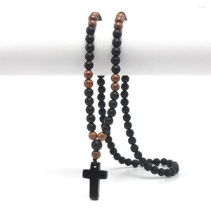 Ожерелья с подвесками из натурального камня 8 мм, круглые бусины из обсидиана и дерева, мужское ожерелье с крестом, украшения ручной работы