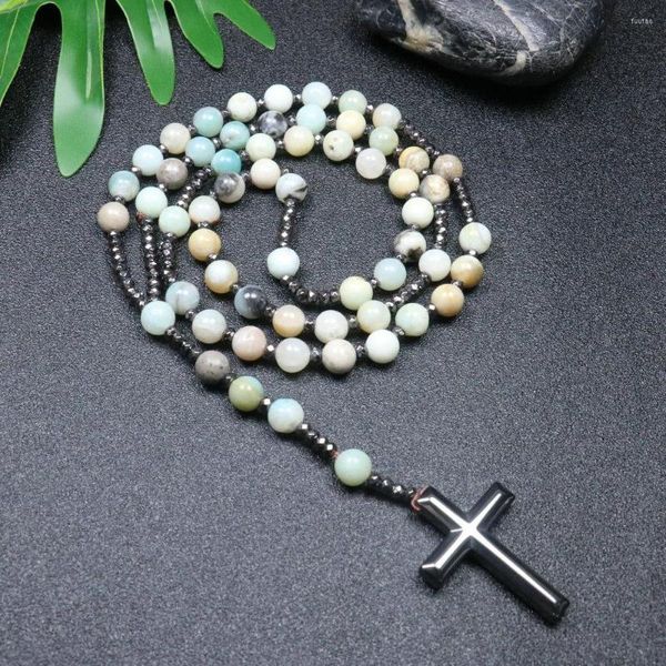 Collane con ciondolo Collana di perle di amazzonite in pietra naturale per uomo Donna Cattolico Cristo Rosario Gioielli con croci di ematite