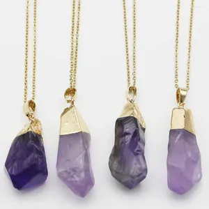 Colliers pendants Stone Natural Amethyst Chain de chaîne en acier inoxydable Collier irrégulier Purple Crystal Gold Plated Head Bijoux 6PCS