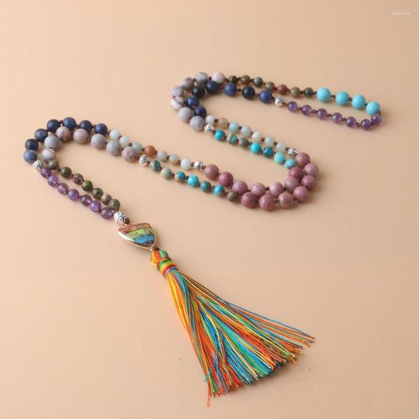 Collares colgantes Piedra natural Amatista Rosario Oración Budista Japa Borlas Collar 108 Mala Beads Pulseras para mujeres Joyería