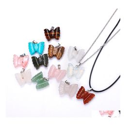 Collares colgantes Piedra natural tallada mariposa collar ópalo tigres ojo rosa cuarzo cristal chakra reiki curación para mujeres joyería dh5ny