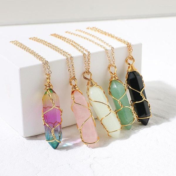 Pendentif Colliers Pierre Naturelle Couleur Cristal Hexagone Collier Pour Femmes Rétro Simple Poudre Clavicule Chaîne Accessoires Bijoux