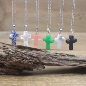 Hanger kettingen natuursteen kruis hangers ketting genezing kristal kwarts agates obsidian kleine reiki chakra charm vrouwen sieraden qc3112