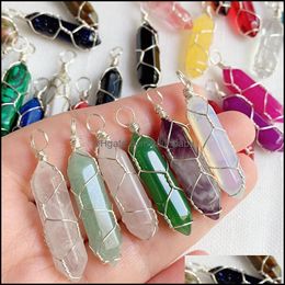 Collares pendientes Piedra natural Cristal Oro Sier Alambre Envoltura Péndum Reiki Curación Chakra Mticolor Cuarzo Púrpura Amatistas Punto Hexag Dhg7S