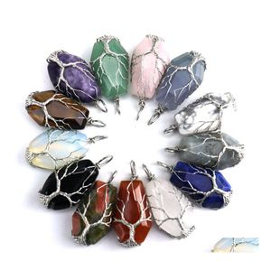 Pendentif Colliers Pierre Naturelle Cristal Chanceux Cercueil Charmes Arbre De Vie Fil Wrap Améthyste Oeil De Tigre Rose Quartz Gros Bijoux DH02Q