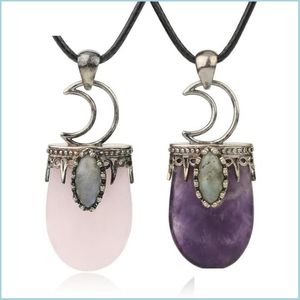 Pendentif Colliers Pierre naturelle Cristal Pendentifs Collier Antique Sier Couleur Violet Rose Quartz Bijoux Couronne Lune Charme Cadeau Drop D Dh0My