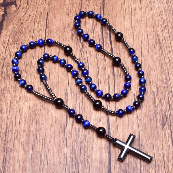 Collares pendientes Piedra natural Ojo de tigre azul oscuro Rosario de ónix con cruz Collar de hematita para hombre Joyería religiosa católica