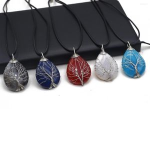 Colliers pendants Stone Natural Dragon Agate Collier Silver Color Wrap Wrap Water Drop Tree of Life Bijoux For Lady Cadeaux