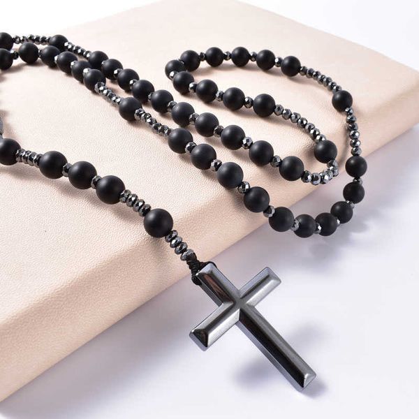 Pendentif Colliers Pierre Naturelle Givrée Noir Onyx Catholique Christ Chapelet Colliers Avec Hématite Croix Pendentif Hommes Collier Méditation Bijoux G230206