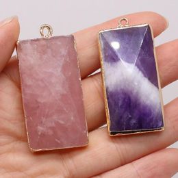 Pendentif Colliers Pierre Naturelle Gem Rose Quartz Améthyste Rectangle Plaqué Or DIY Collier Chandail Chaîne Bijoux Accessoires Fabrication De Cadeaux