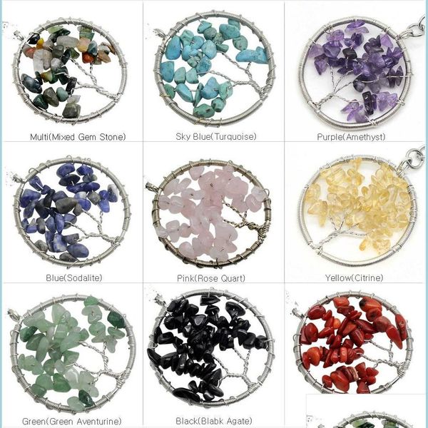 Collares colgantes Piedra natural Grava Forma redonda Joyería de piedras preciosas Chip Beads Semiprecioso Cristal Llavero Colgantes Neckl Dhgarden DH6QW