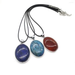 Pendentif Colliers Pierre Naturelle Lapis Lazuli Cristal Ovale Collier En Cuir Corde Chaîne Alliage Arbre De Vie Bijoux De Mode